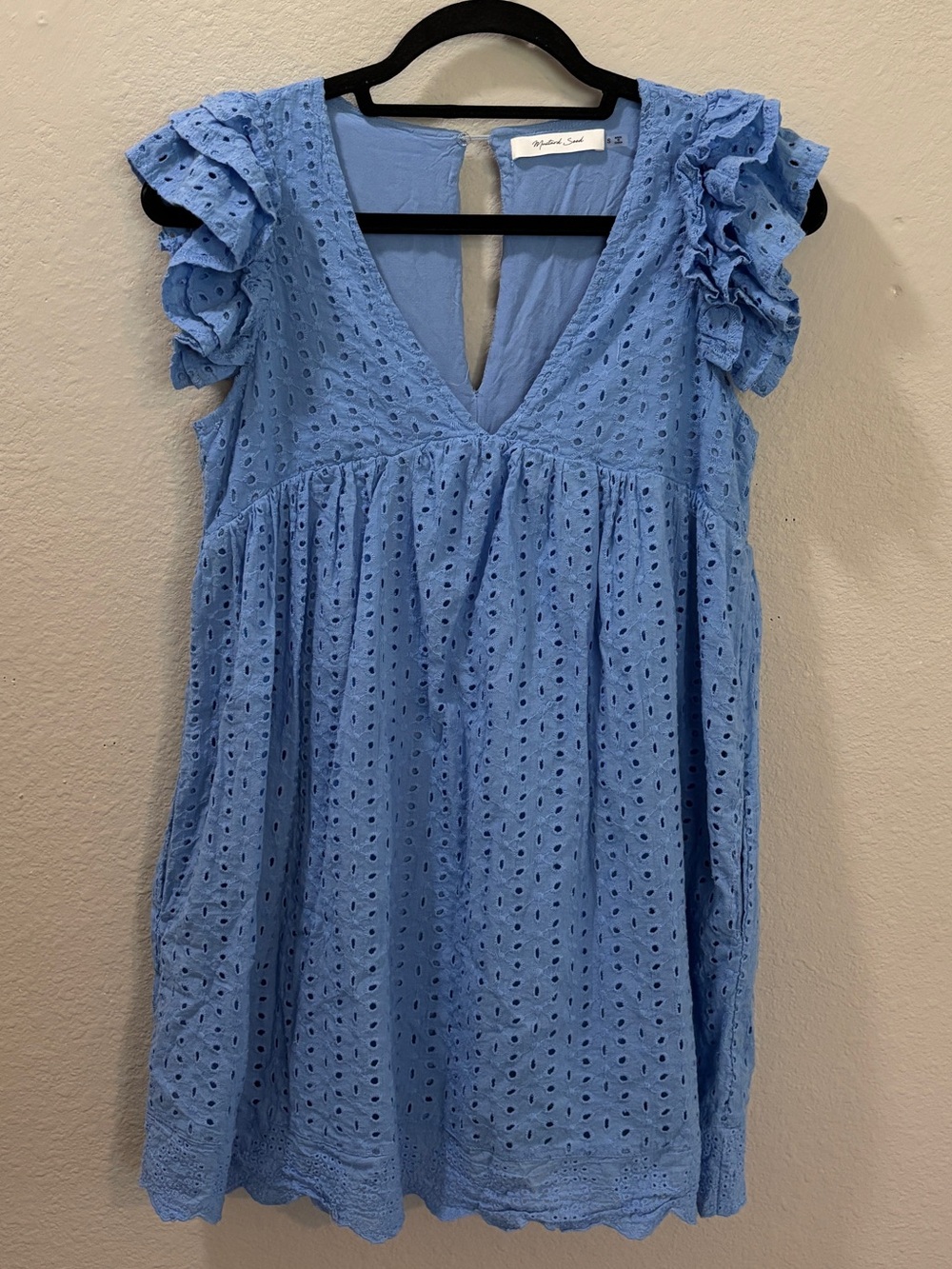 Mustard Seed Blue Eyelet Lace Ruffle Sleeve Babydoll Dress Size Small